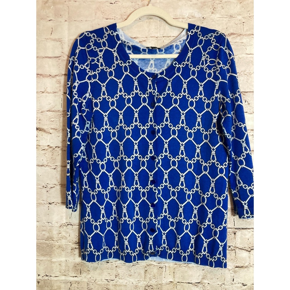 Talbots Sweater Large Cobalt Chain Link Print Button Up Cardigan Lightweight